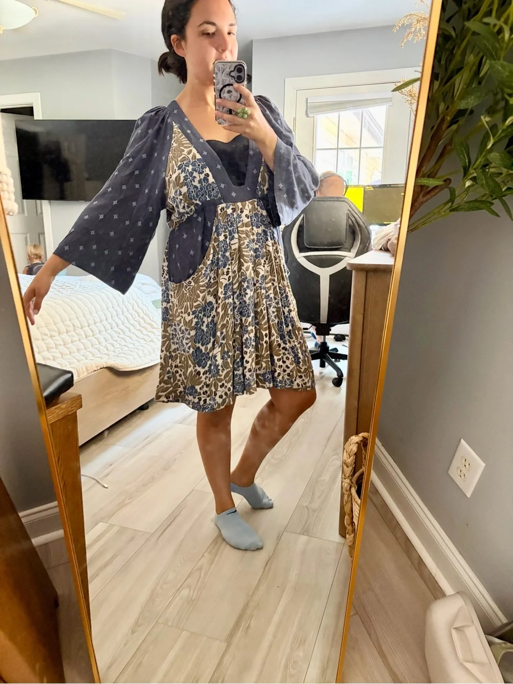 Free People Blue Floral Deep V Mini Dress